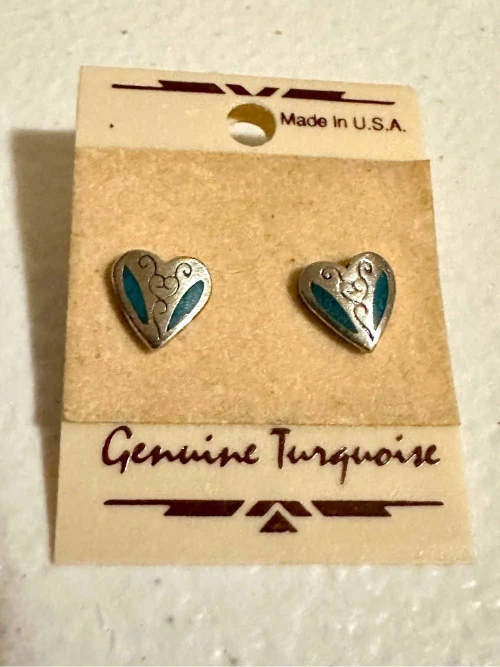 New Vintage Silver Heart Turquoise Stud Western Earrings Made in USA